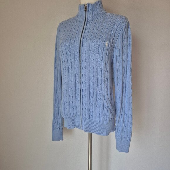 Vintage Y2K Ralph Lauren Sport Pony Cotton Cable Knit Zip Cardigan Pocket Blue - Picture 6 of 15